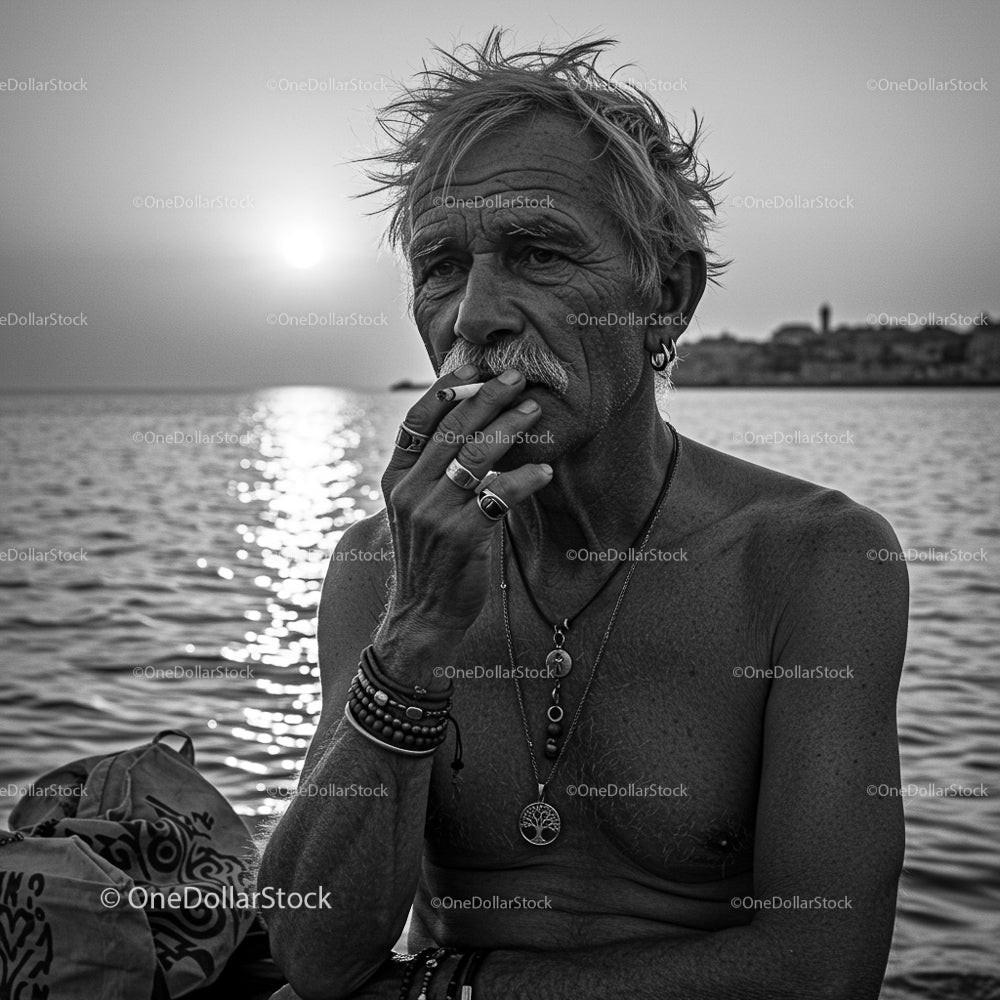 Contemplative Older Man Smoking by the Ocean at Sunset
