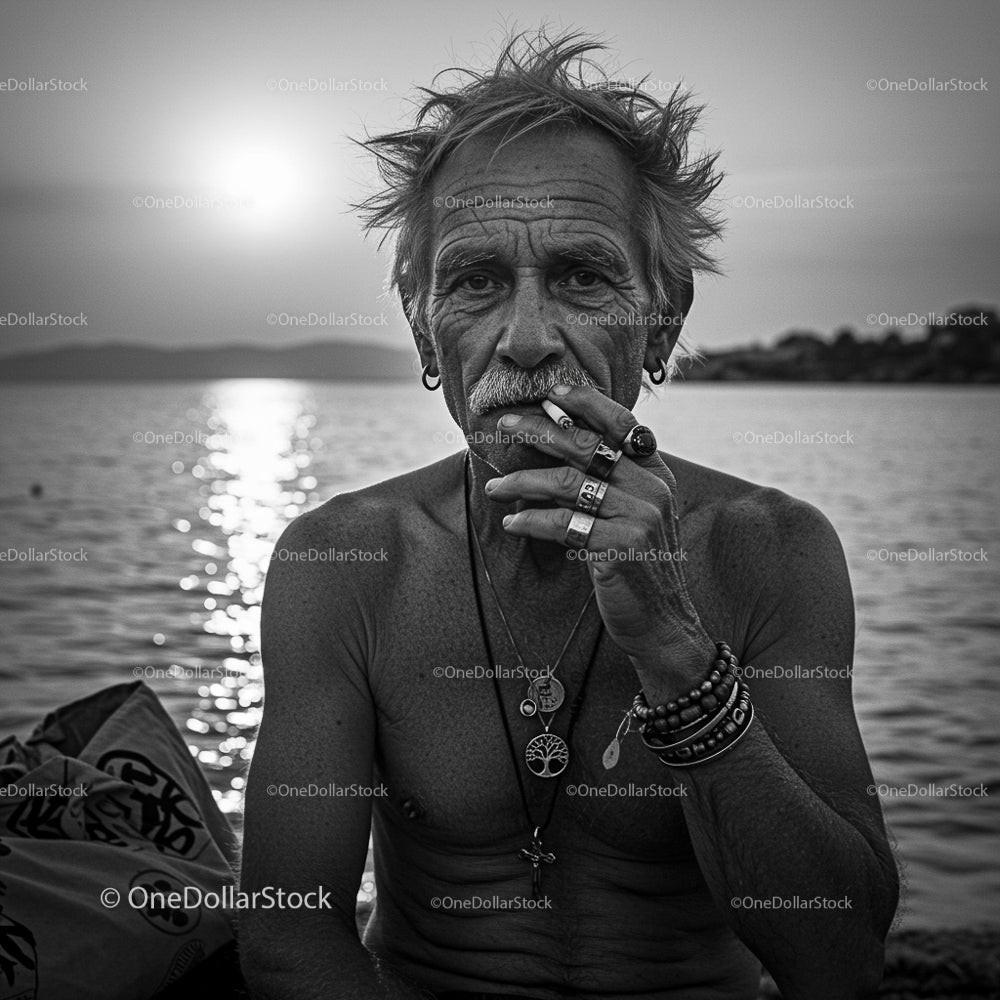Elderly Man Reflecting by the Ocean at Sunset