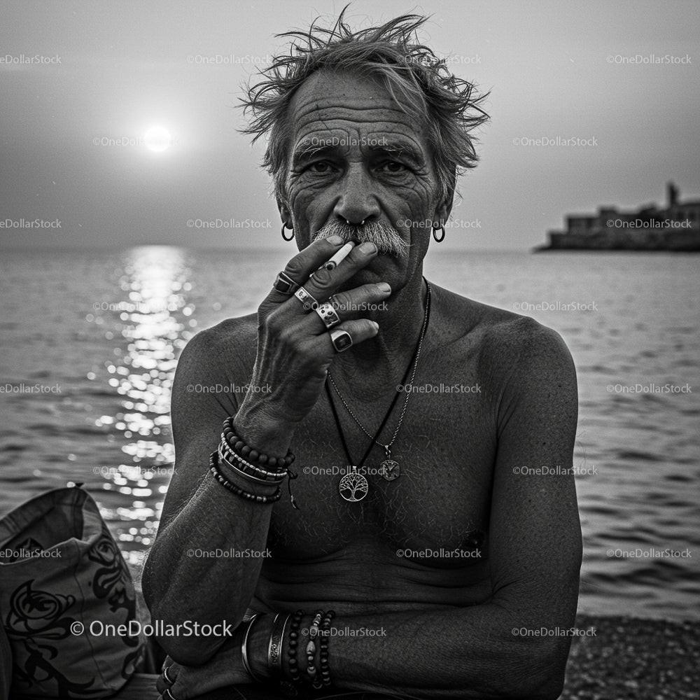 Rugged Man Smoking by the Ocean at Sunset