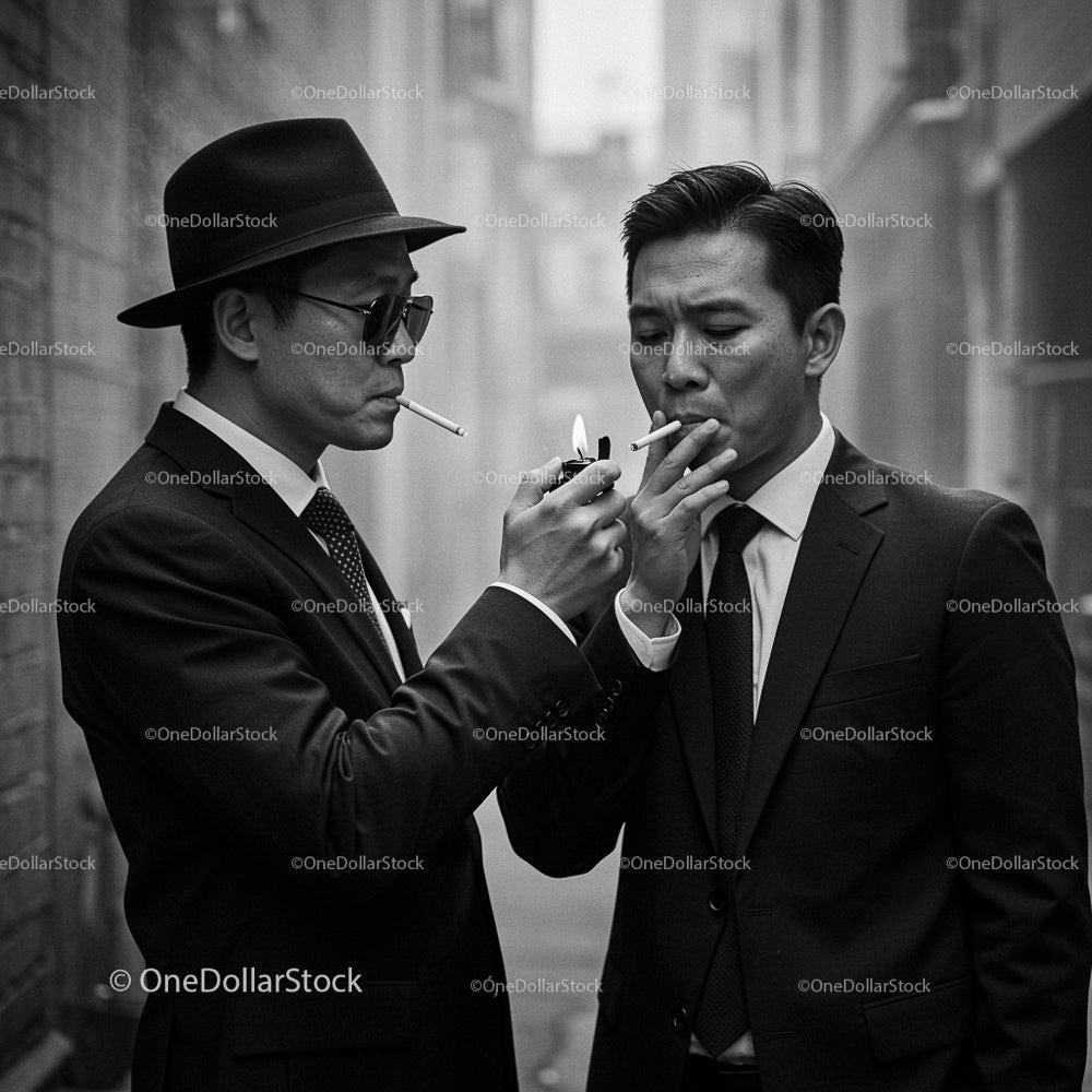 Two Men in Suits Smoking in an Urban Alleyway