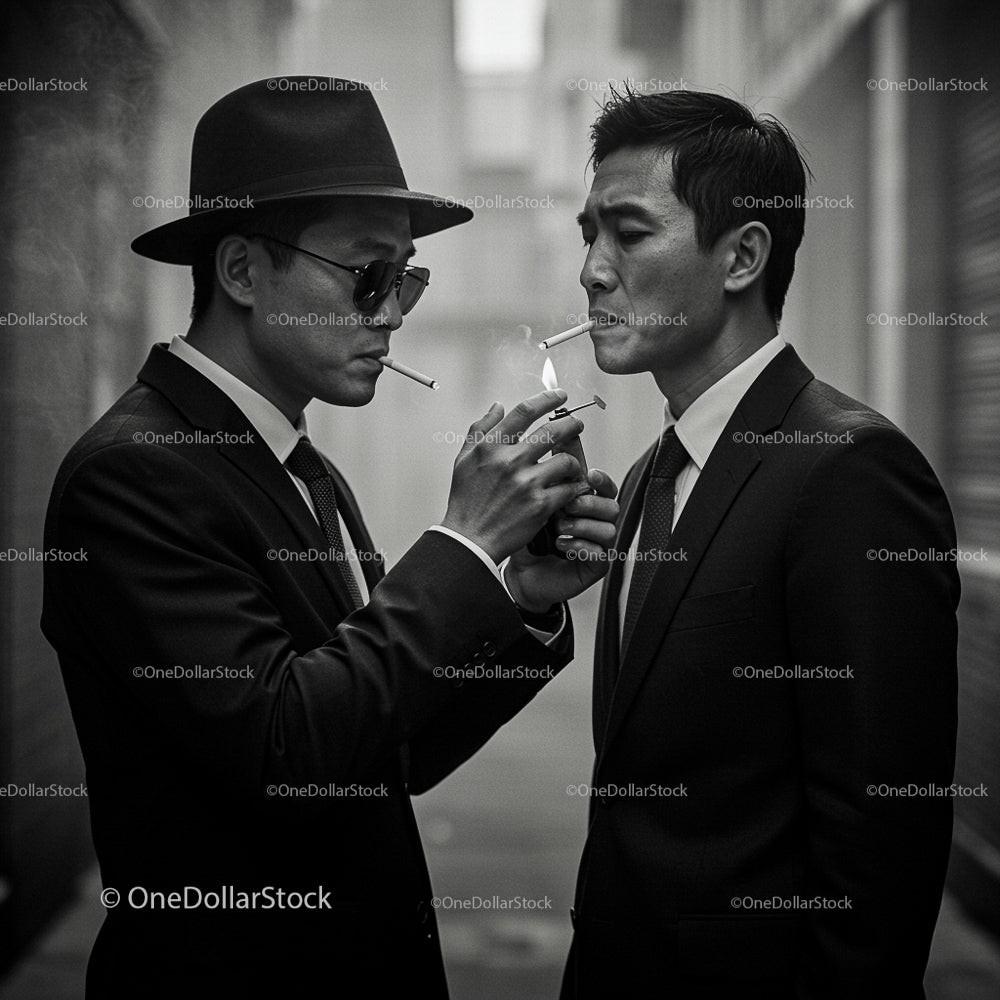 Men in Suits Sharing Cigarettes in Urban Alley