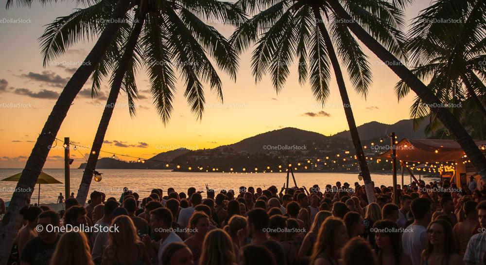 Tropical Beach Party at Sunset with Palm Trees and Crowds