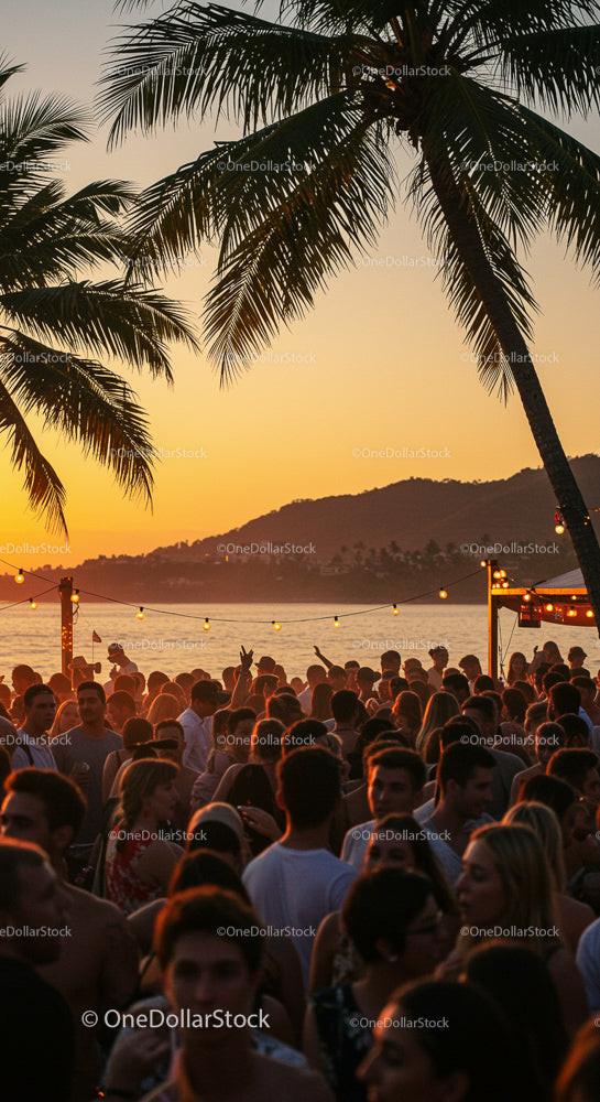 Sunset Beach Party with Dancing Crowd Under Palm Trees