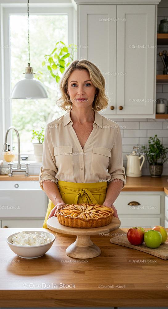 Woman Presenting Freshly Baked Apple Pie in Sunny Kitchen