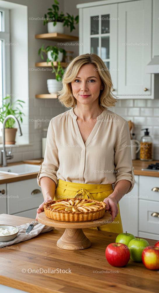 Smiling Woman with Homemade Apple Pie in Cozy Kitchen