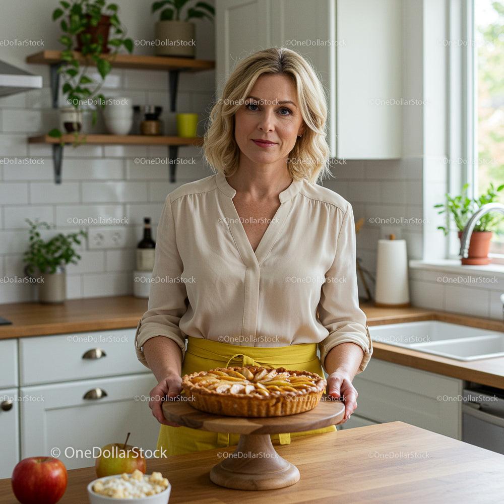 Blonde Woman Presenting Freshly Baked Apple Pie in Modern Kitchen