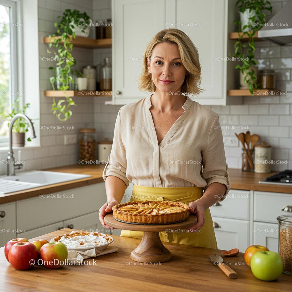 Woman Holding Homemade Apple Pie in Modern Kitchen