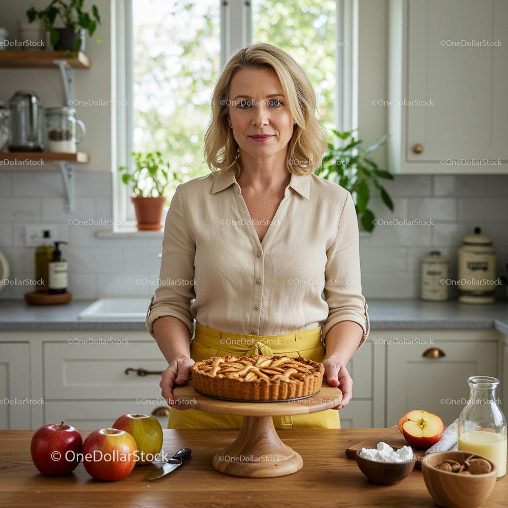 Woman Presenting Freshly Baked Apple Pie in Sunlit Kitchen