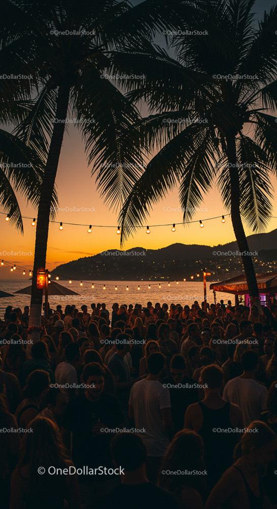 Vibrant Beach Party Under Palm Trees at Sunset