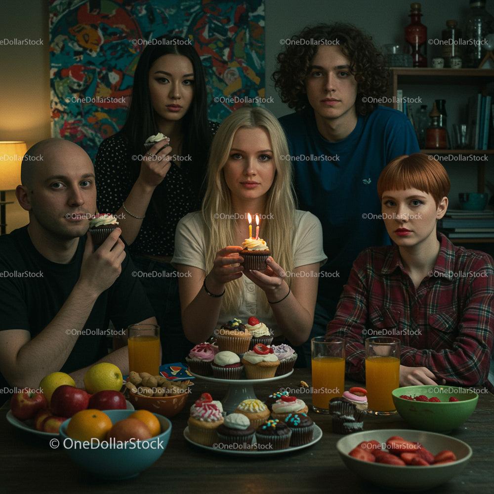 Group of Friends Celebrating with Cupcakes and Candles