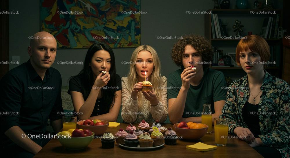 Friends Celebrating Birthday with Cake and Treats