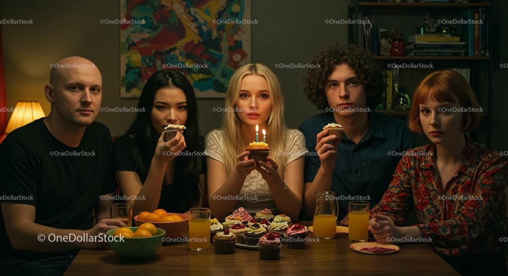 Group of Friends Celebrating with Cupcakes and Candlelight