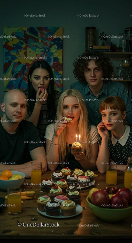 Friends Celebrating with Cupcakes and Candles