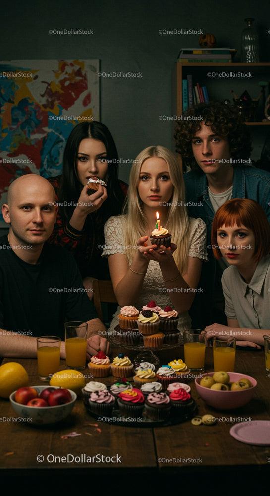 Friends Celebrating Birthday with Cupcakes and Candlelight