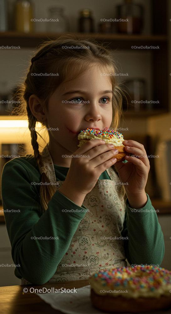 Little Girl Enjoys Colorful Donut in Cozy Kitchen