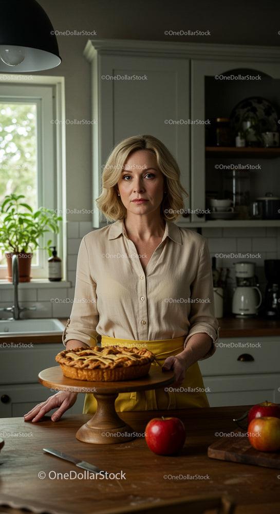 Woman in Cozy Kitchen Holding Freshly Baked Apple Pie