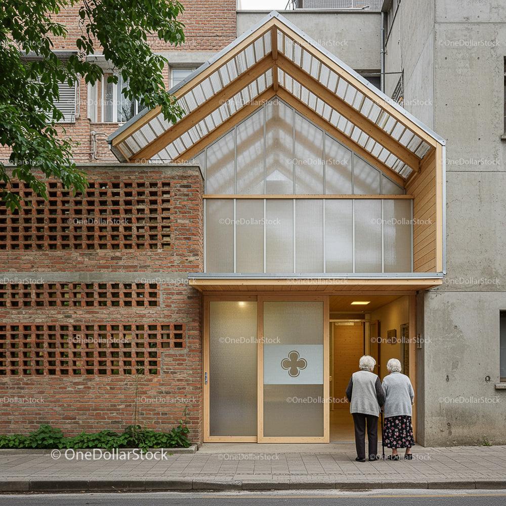 Elderly Couple at Modern Brick Building Entrance