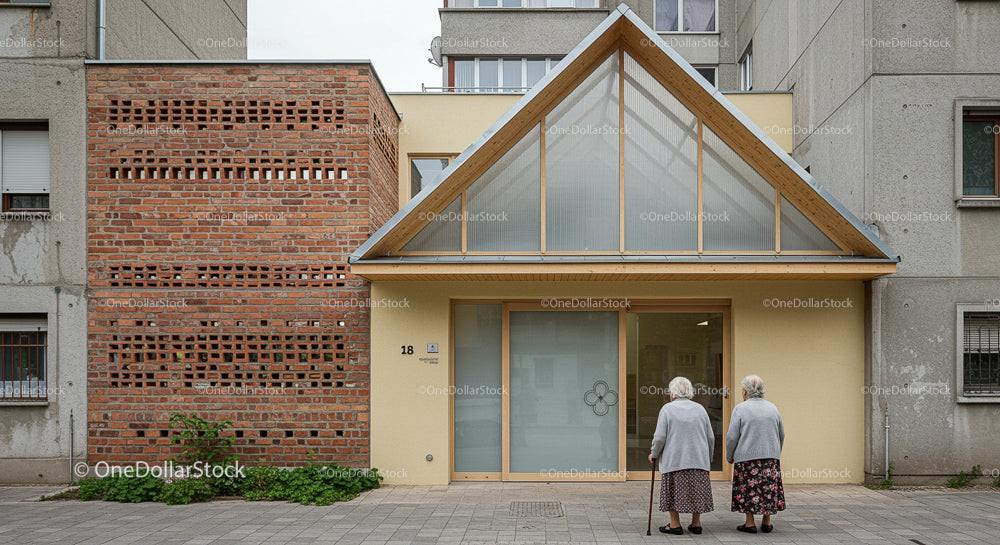 Elderly Women Standing Before Modern Urban Building