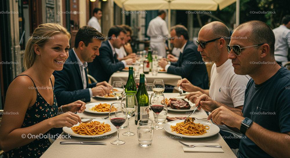 Friends Enjoying Pasta and Wine at Outdoor Dining