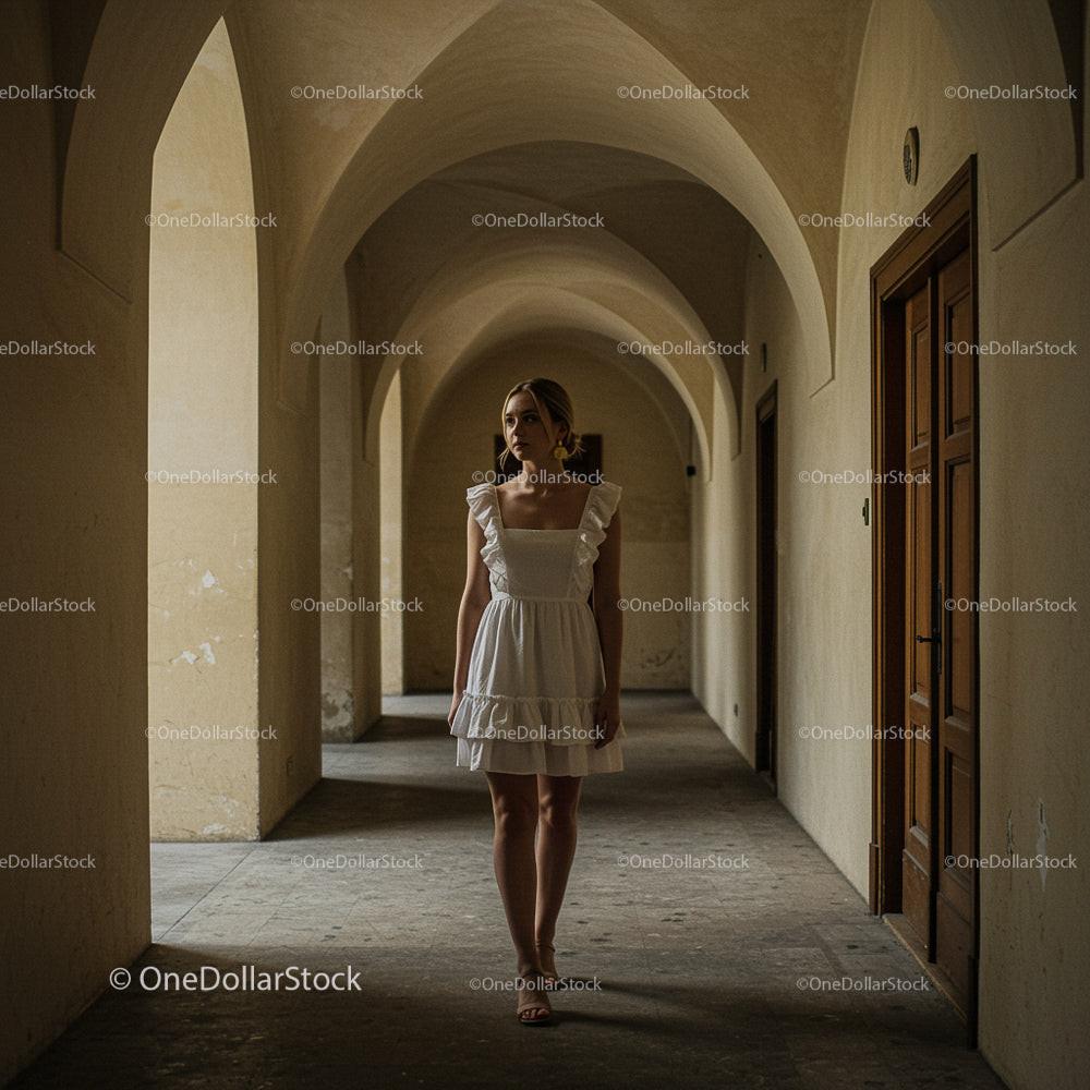 Elegant Woman in White Dress in Arched Hallway