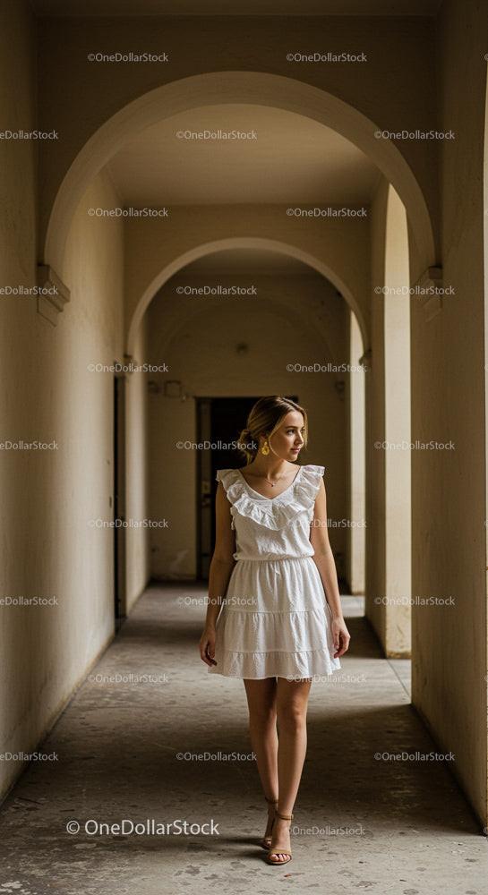Stylish Woman in White Dress Walking Through Stone Corridor