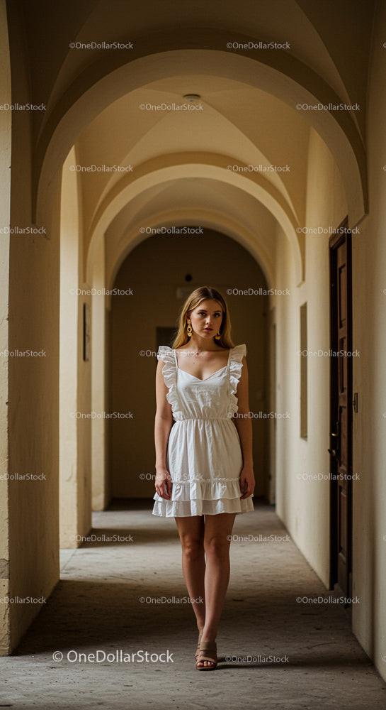 Elegant Woman in White Dress Under Classic Arches