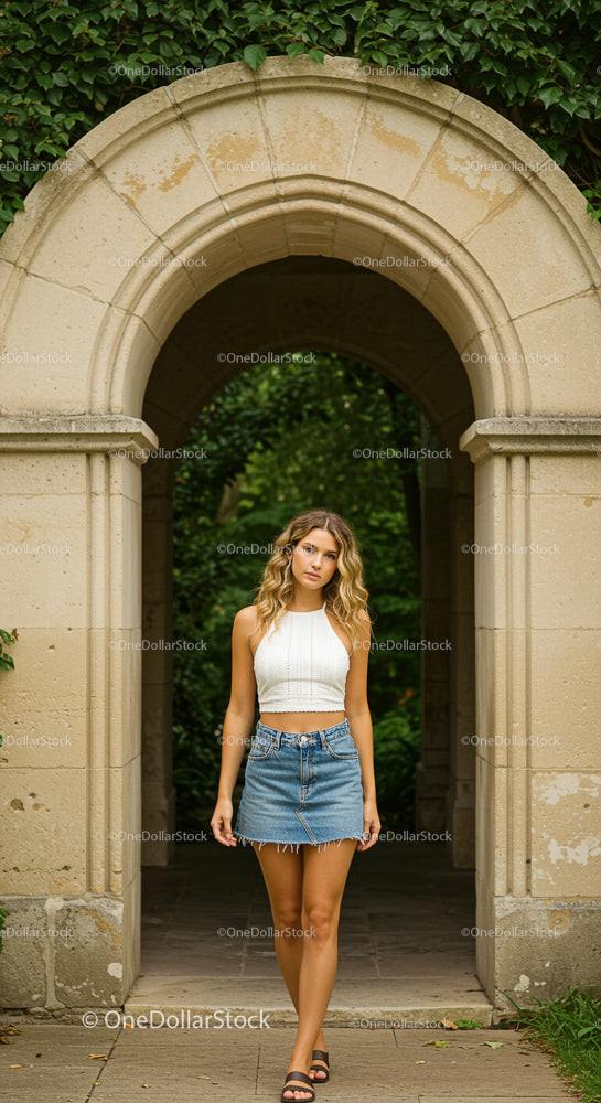 Young Woman in Denim Skirt and White Top at Stone Archway