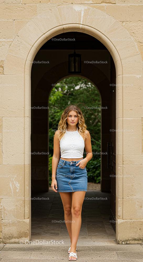 Young Woman in White Top and Denim Skirt by Stone Archway