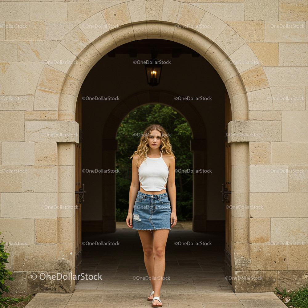 Woman in White Top and Denim Skirt Stands Under Archway
