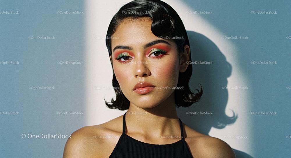 Elegant Woman with Bold Makeup and Stylish Short Hair