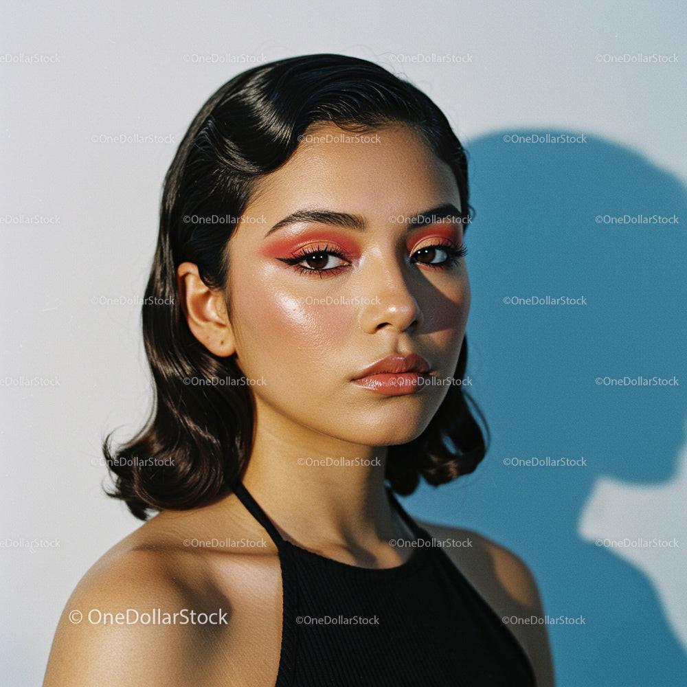 Portrait of Stylish Woman with Bold Eye Makeup and Elegant Hair