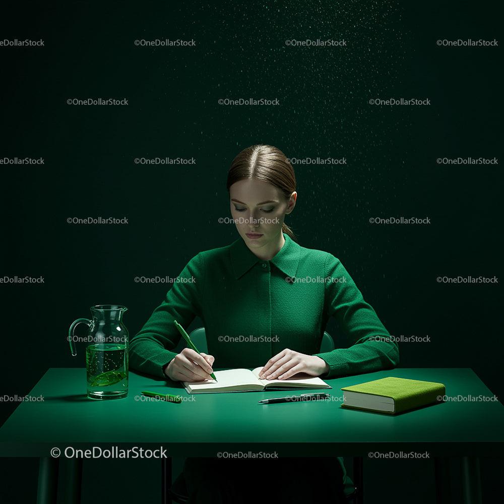 Woman in Green Writing at a Minimalist Desk