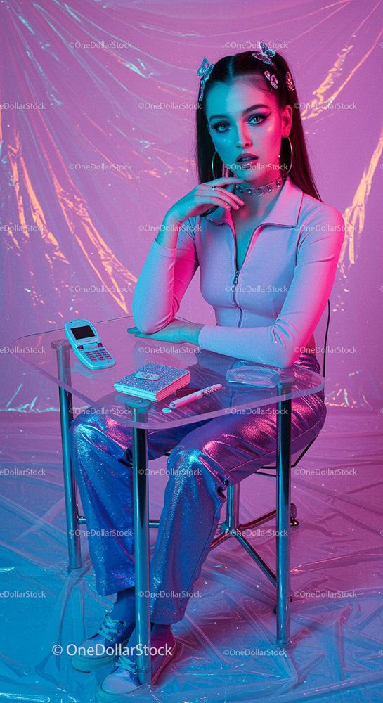 Trendy Young Woman in Futuristic Neon Setting