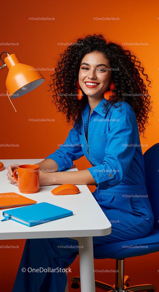 Smiling Woman in Blue Jumpsuit Against Vibrant Orange Backdrop