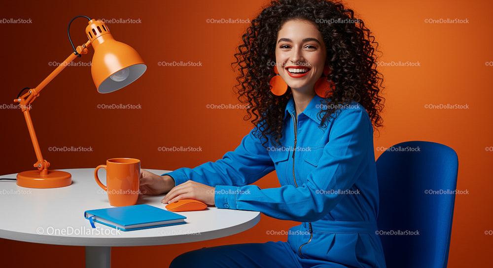 Smiling Woman in Blue Outfit at Vibrant Orange Desk