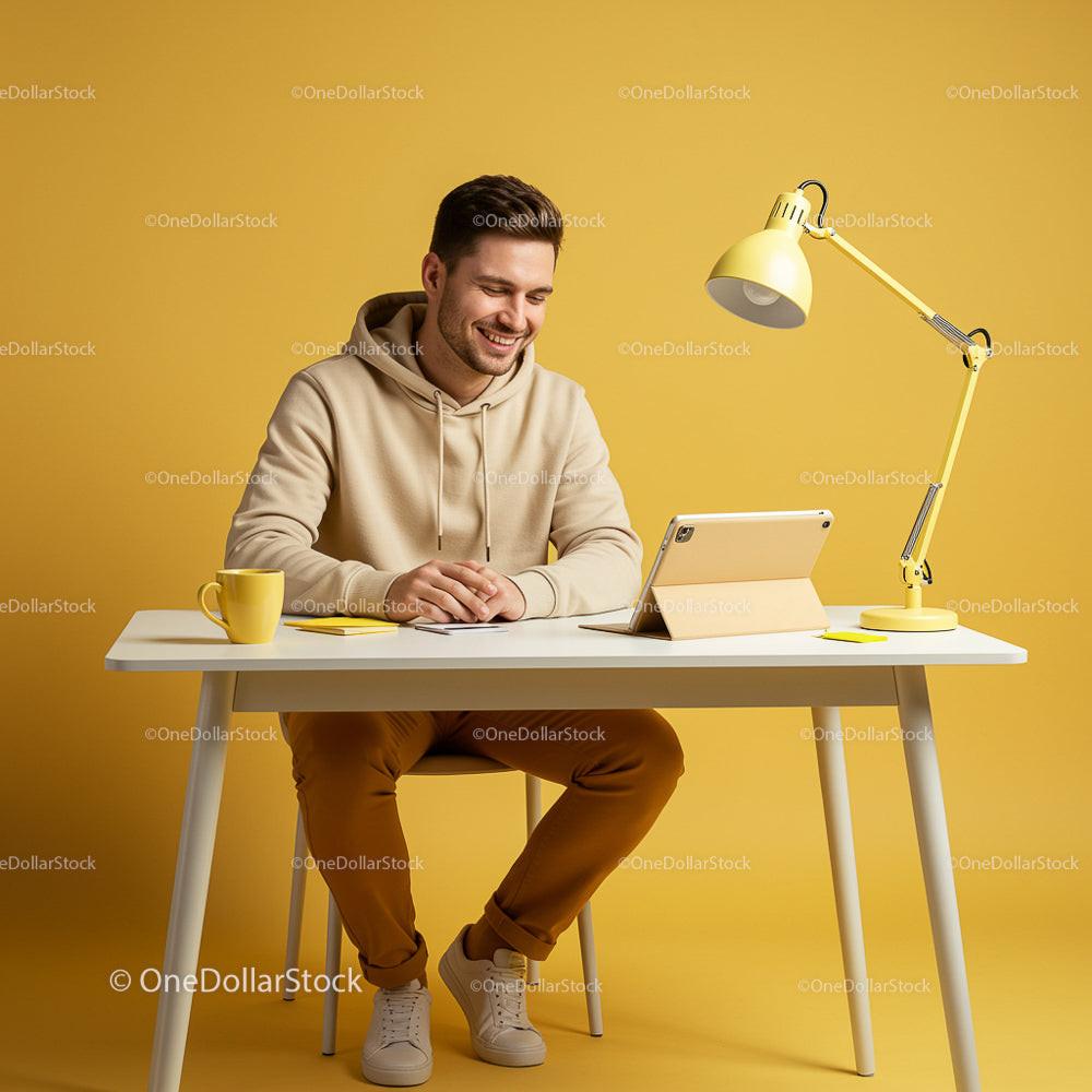 Smiling Man Working at Desk in Stylish Yellow Home Office