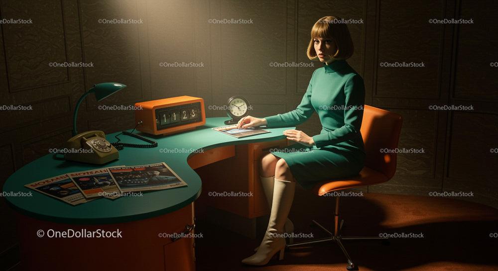 Retro Mid-Century Modern Office with Woman at Desk