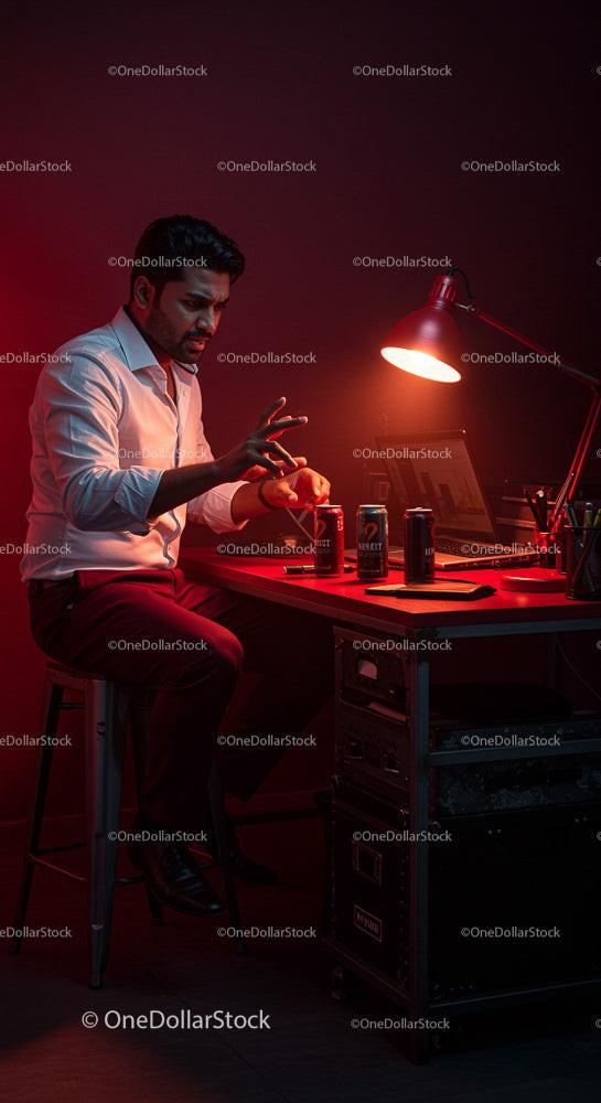 Focused Professional Working Late in Red-Lit Modern Office