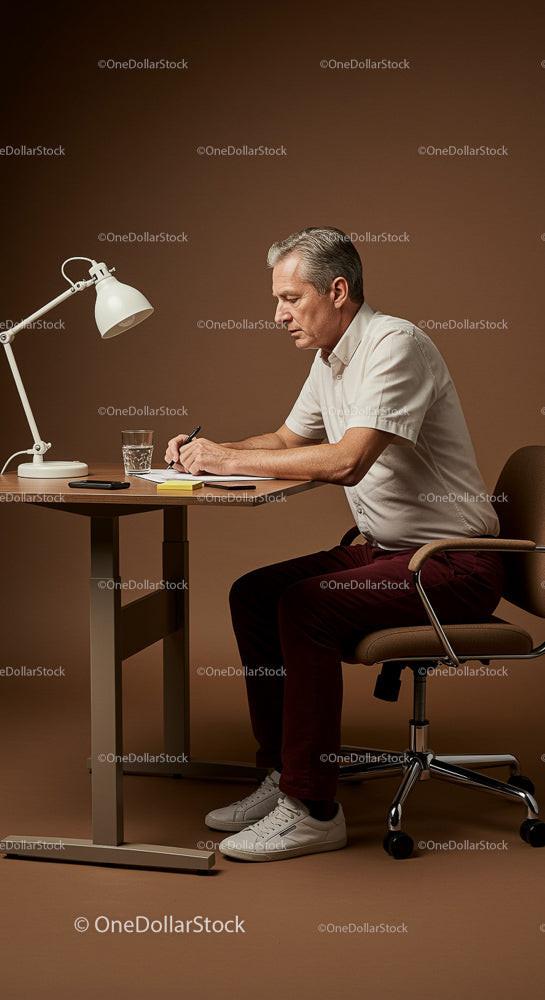 Mature Businessman Working at Desk in Modern Office Setting