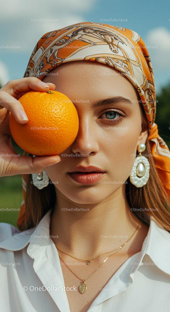 Stylish Woman Posing with Orange in Sunny Garden