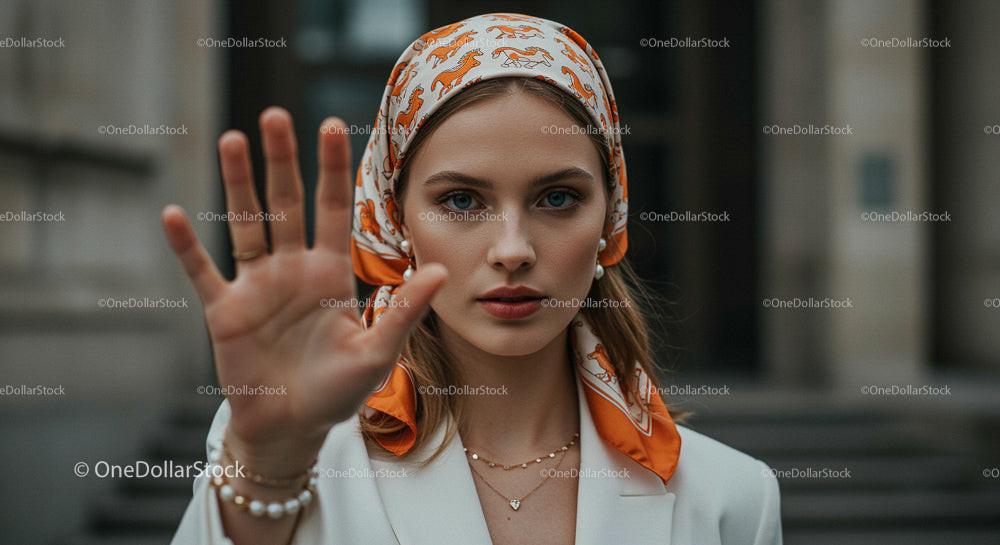 Elegant Woman with Orange Headscarf in Urban Setting
