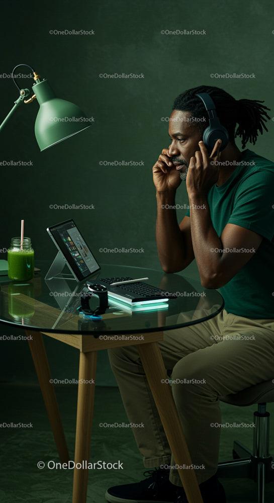 Focused Man with Headphones in Modern Home Office