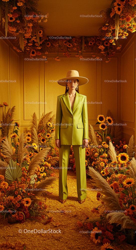 Stylish Woman in a Sunflower-Inspired Floral Room