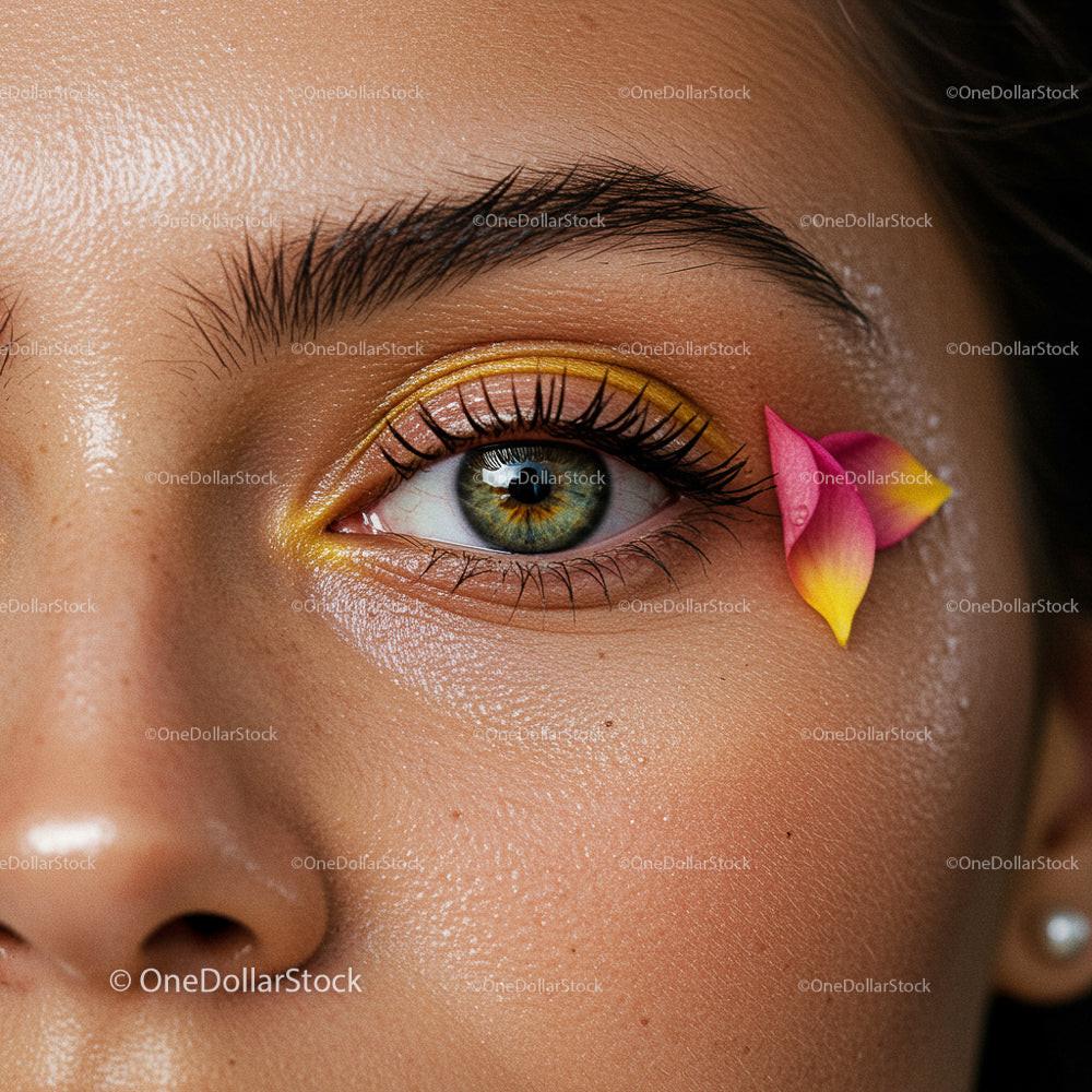 Close-Up of Eye with Yellow Eyeshadow and Pink Flower