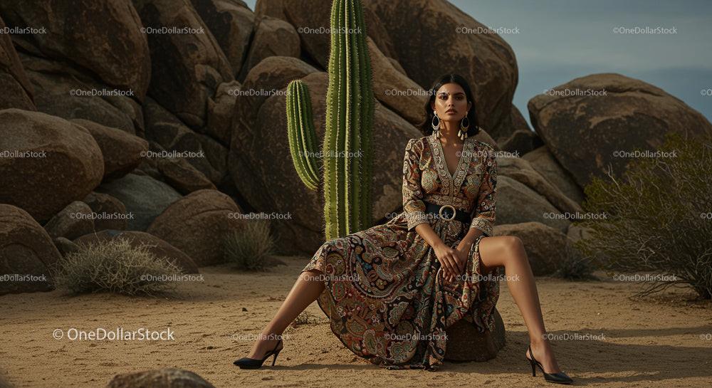 Elegant Woman in Paisley Dress Amidst Desert Rocks