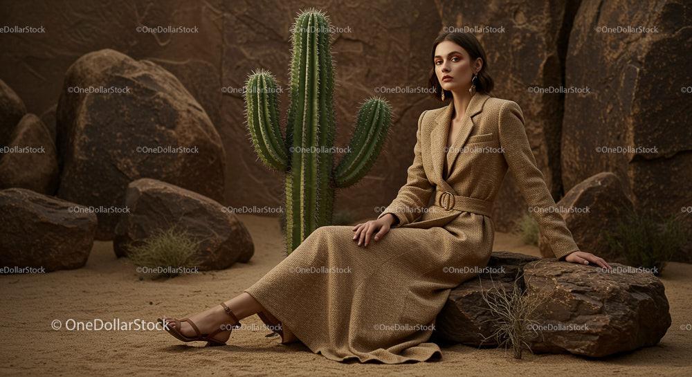 Stylish Woman in Earth-Toned Dress with Cactus in Desert