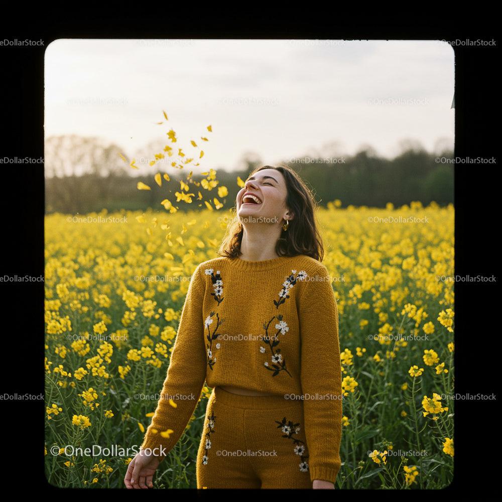 Joyful Woman in Mustard Sweater in Flower Field