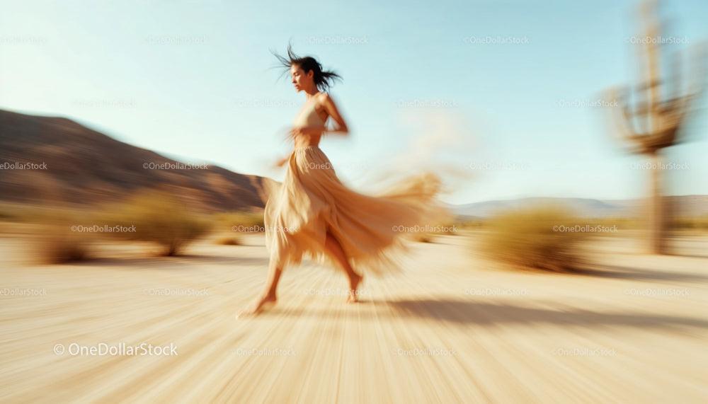 Woman in Flowing Dress Running Through Desert