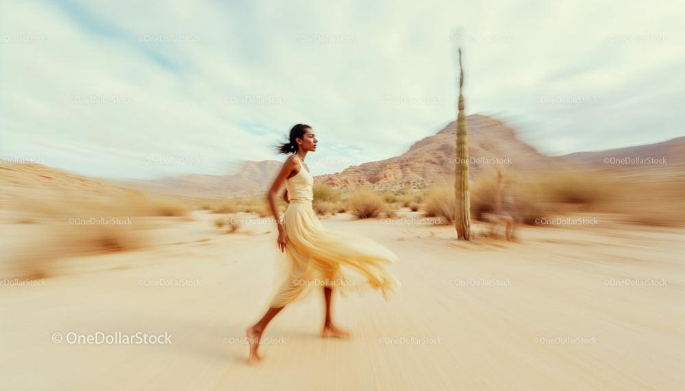 Graceful Woman in Flowing Dress Running Through Desert