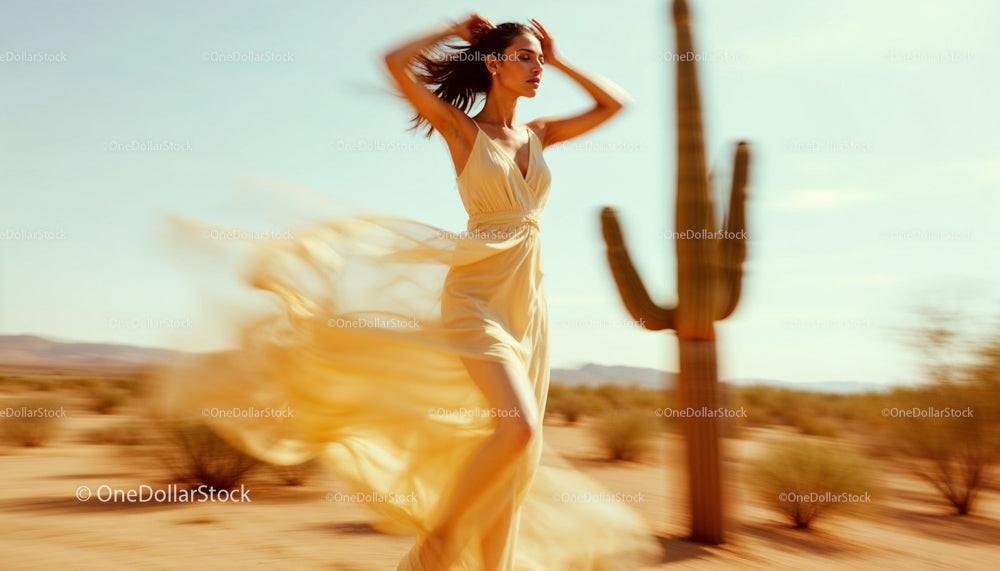Elegant Woman in Flowing Dress in Desert Landscape